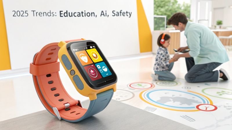 Smartwatch highlighting 2025 trends in education, AI, and safety for kids