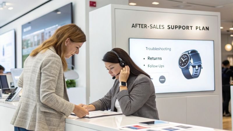 Customer receiving assistance at after-sales support desk with troubleshooting and returns information
