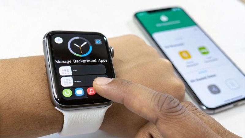 Smartwatch showing manage background apps screen