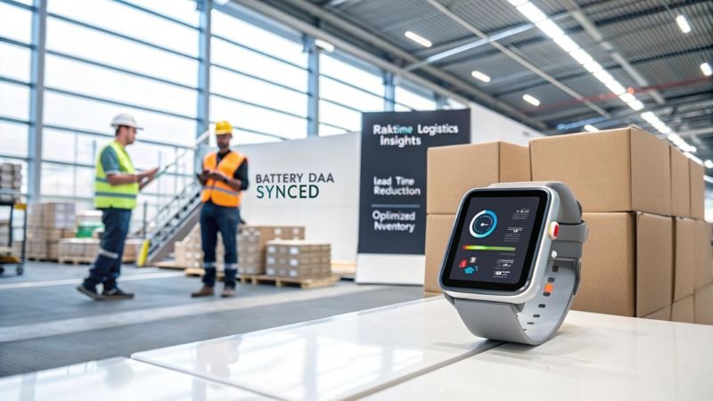 Smartwatch showcasing synced battery data, with logistics workers and inventory boxes in the background.