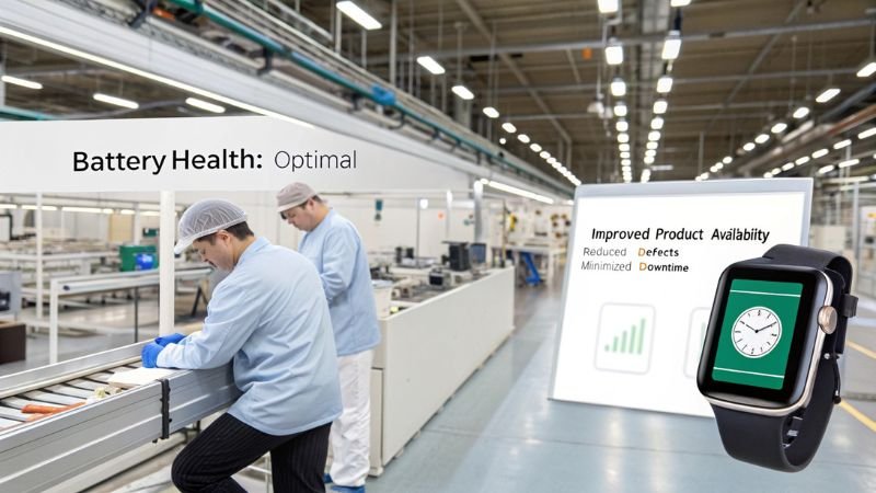 Smartwatch displaying battery health status as optimal, with factory workers and a productivity chart in the background.