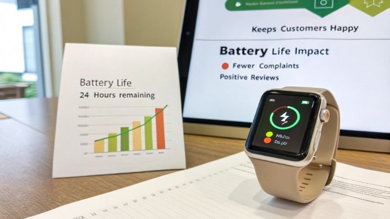 Smartwatch battery life showing 24 hours remaining with charts on fewer complaints and positive reviews.