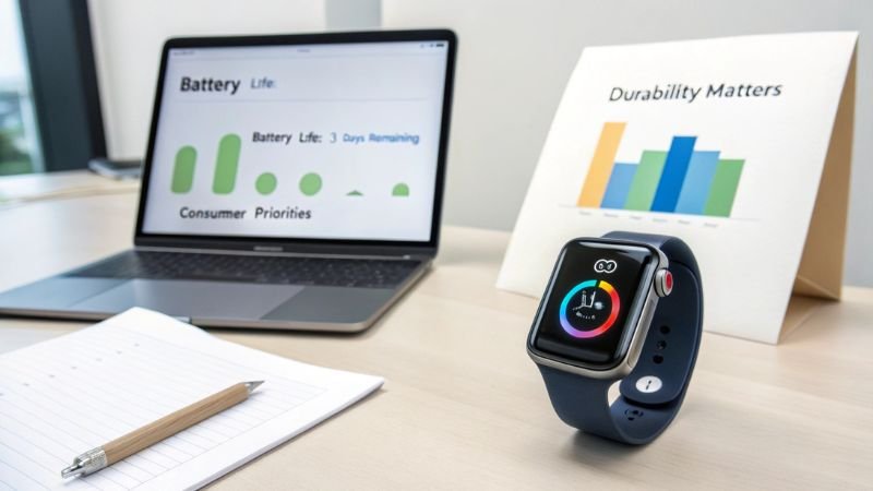 Smartwatch next to charts showcasing battery life priorities and durability importance.