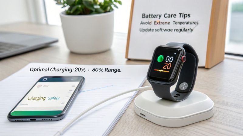 Smartwatch on charger with battery care tips displayed