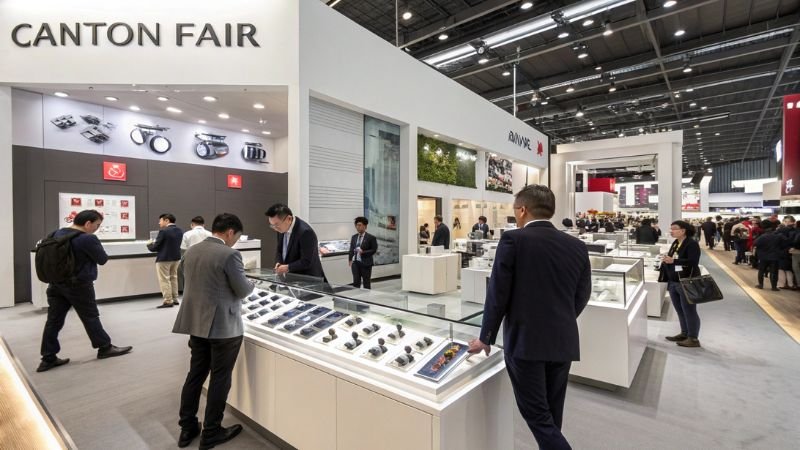 Smartwatch booth at Canton Fair with attendees exploring displays