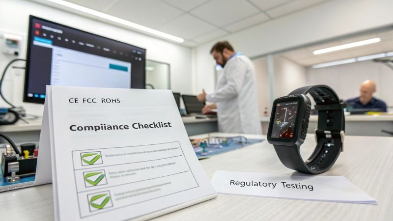 Smartwatch on table with compliance checklist and regulatory testing setup in a lab