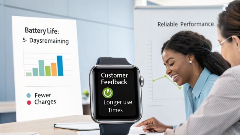 Smartwatch displaying customer feedback about longer use times, with battery life charts in the background.