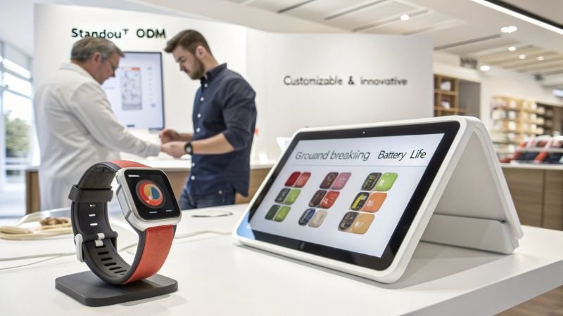 ODM smartwatch with customizable features showcased alongside tablet display