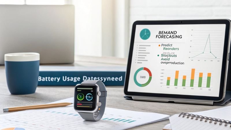 Smartwatch on a desk with demand forecasting charts displayed on a tablet, emphasizing predictive reorders and stock management.