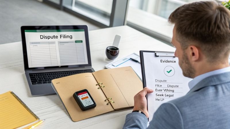 Professional preparing dispute filing documents with smartwatch evidence
