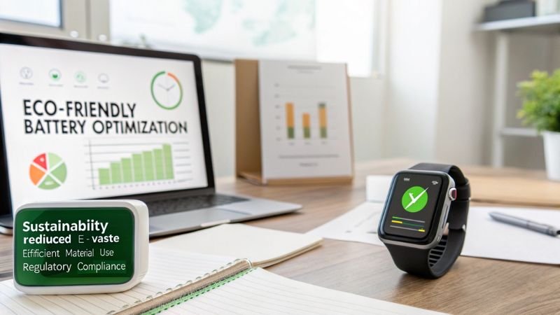 Smartwatch with eco-friendly battery optimization message, sustainability charts and graphs in the background.