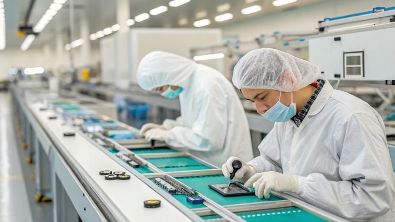 Technicians assembling electronics on a production line in cleanroom