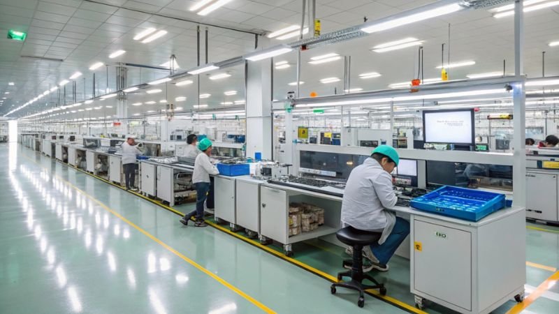 Workers assembling electronics in a clean factory