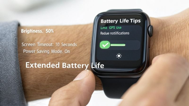 Smartwatch displaying battery life tips and settings