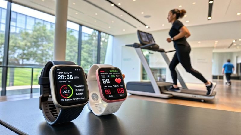 Smartwatches tracking fitness data with woman running on treadmill