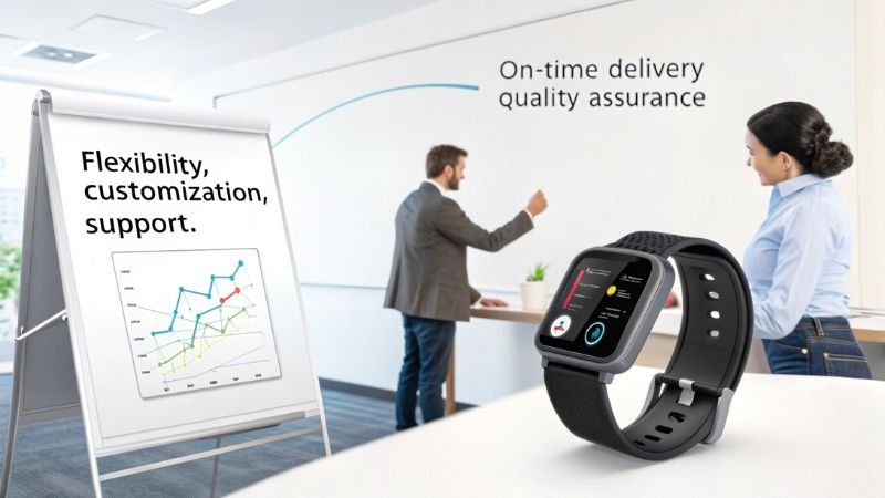 Smartwatch with business presentation on flexibility and quality assurance