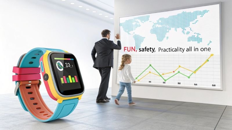 Colorful smartwatch with a child and adult analyzing a growth chart on a screen