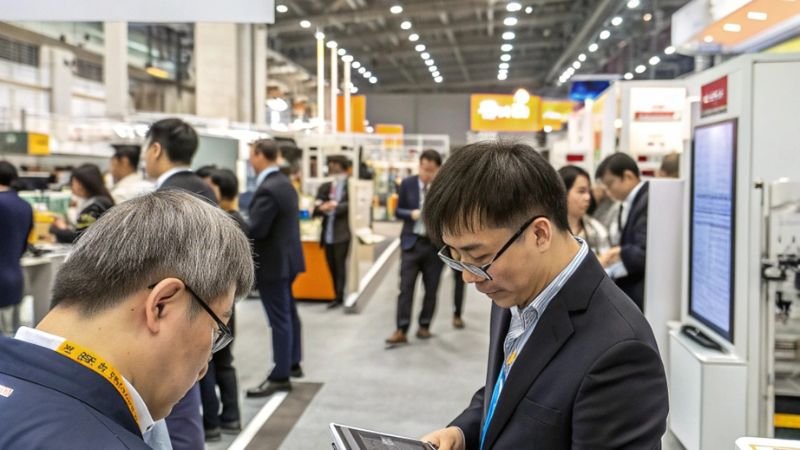 Trade show attendees at HKTDC booth discussing business