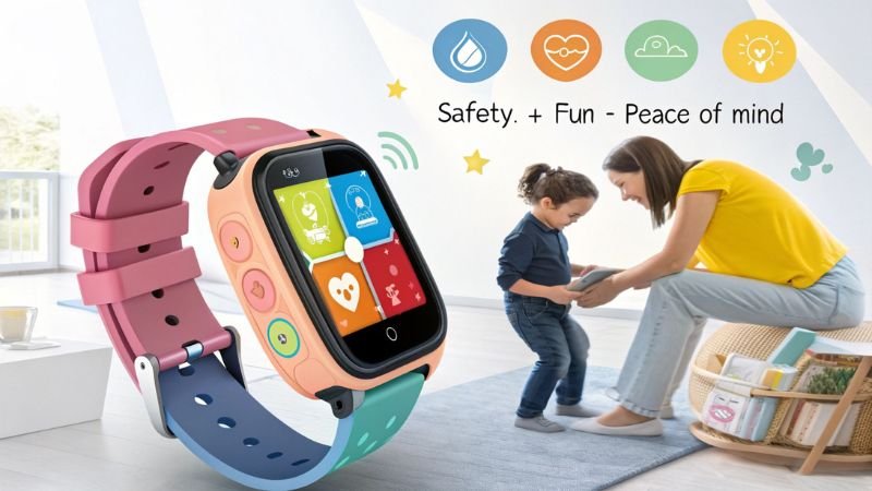 Colorful smartwatch designed for kids with safety features, promoting peace of mind