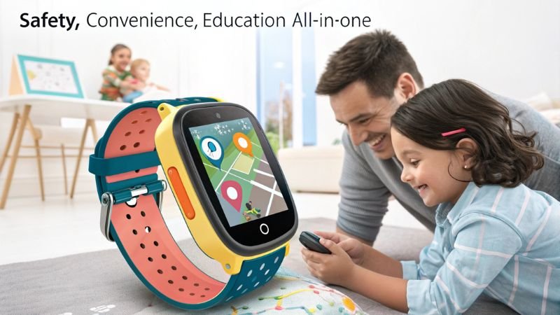 Father and daughter using a kids' smartwatch for safety and education