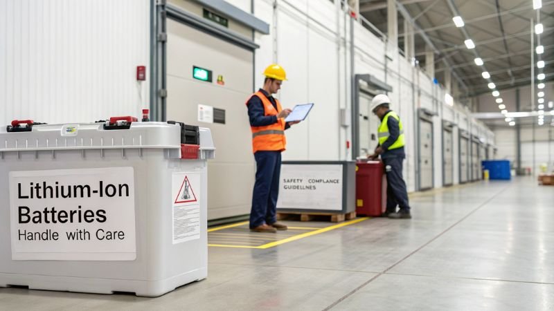 Large lithium-ion battery container labeled