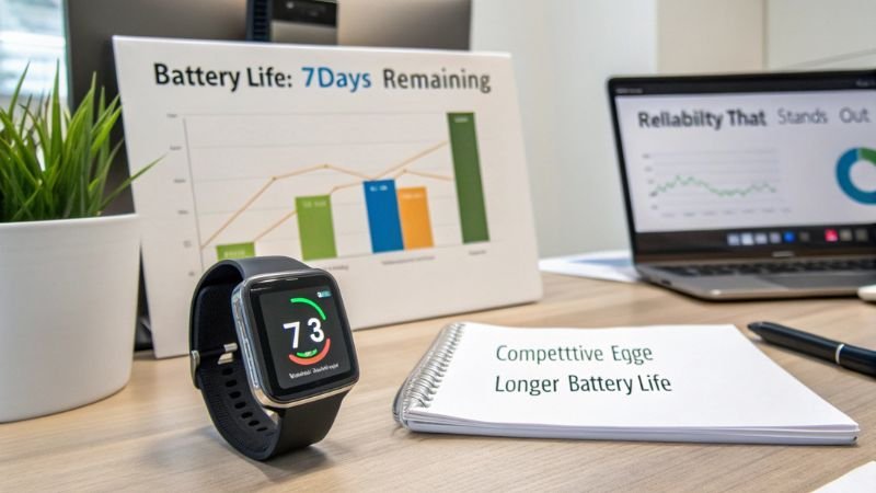 Smartwatch displaying 7 days battery life with performance charts and reports on a desk.
