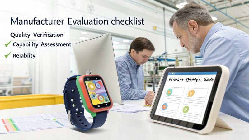 Smartwatch with manufacturer evaluation checklist displayed on a tablet