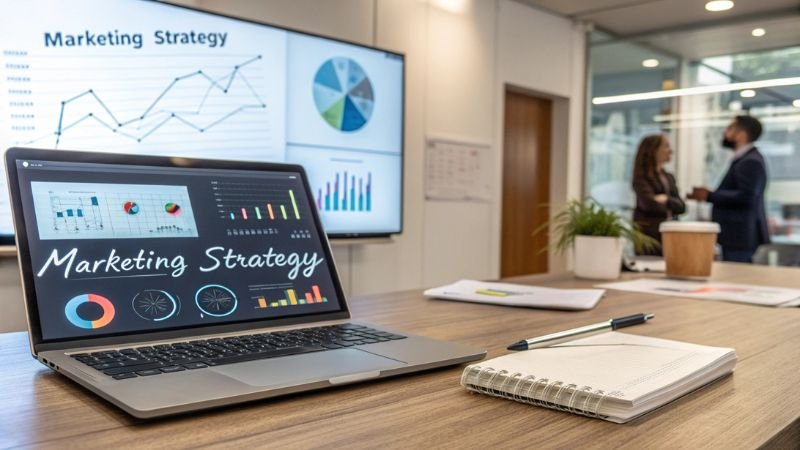 Laptop displaying marketing strategy with charts and graphs in an office setting