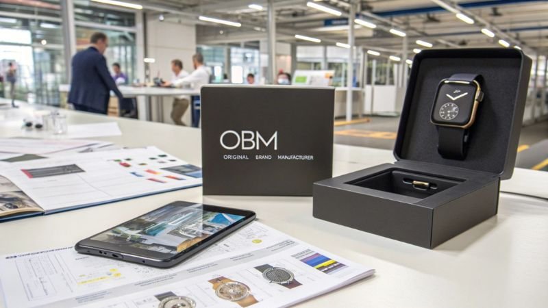OBM smartwatch packaging and design materials in factory setting