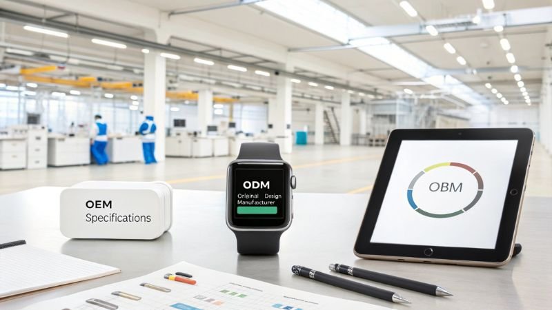 Smartwatch showcasing ODM and OBM concepts with factory background
