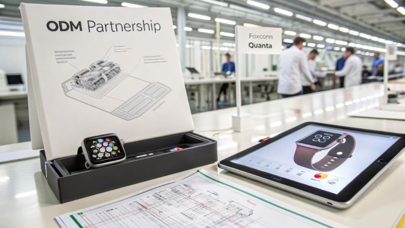 ODM partnership materials displayed with smartwatch and design plans in factory