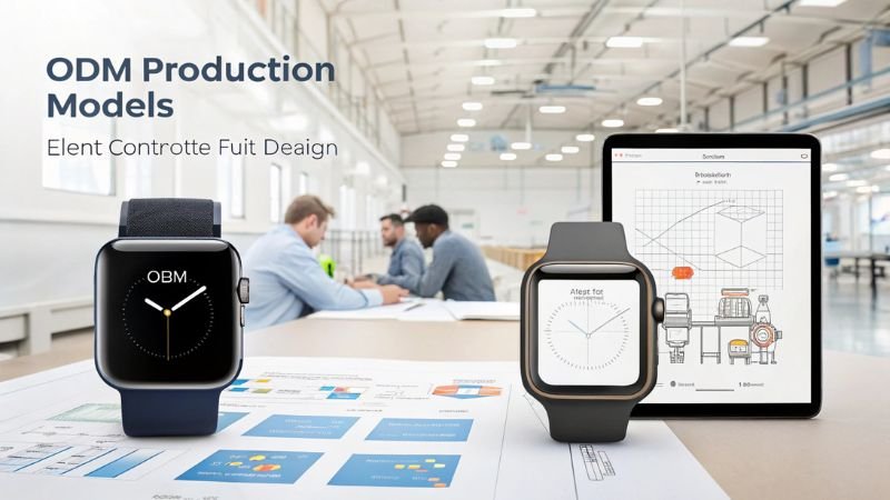 ODM smartwatch production models with design plans in a collaborative workspace