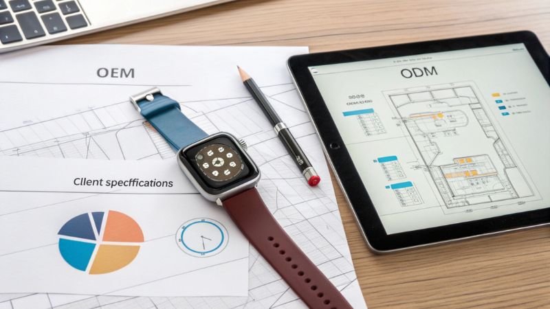 Smartwatch with OEM and ODM client specifications on desk