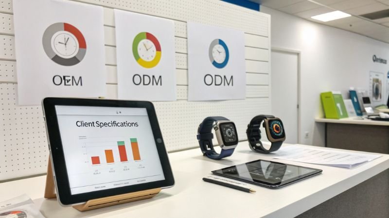 Smartwatches with OEM, ODM, and client specifications displayed