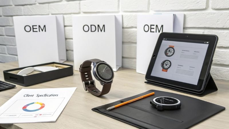 Smartwatch with OEM and ODM client specification files on a desk