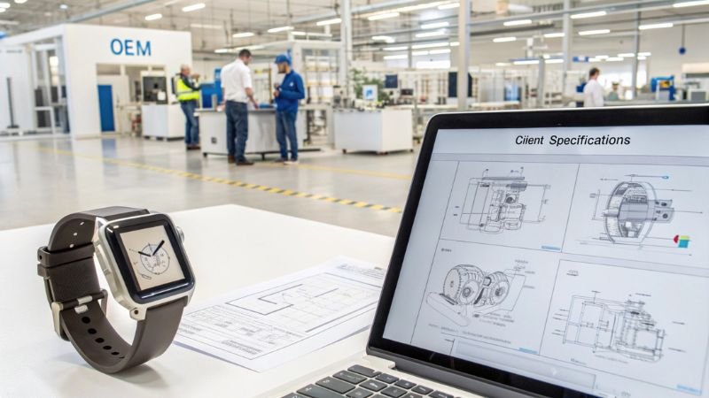 Smartwatch and client specifications displayed on a laptop in a factory setting