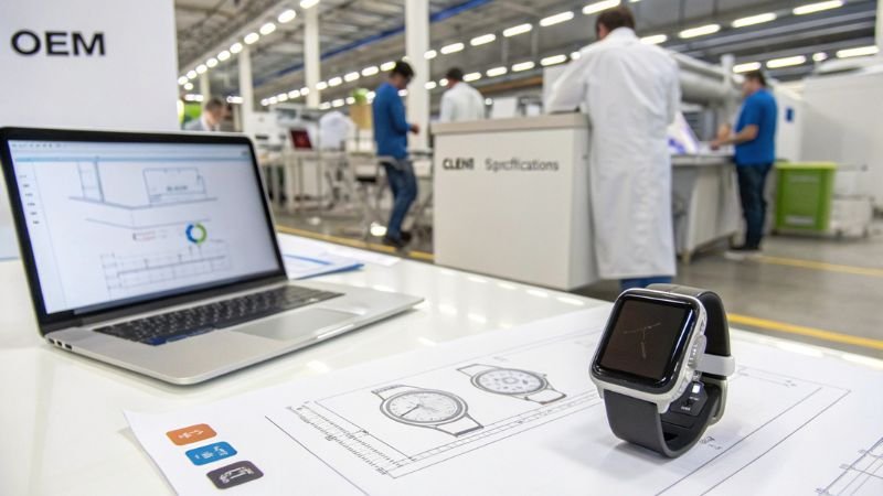 Smartwatch design specifications displayed with factory workers in background