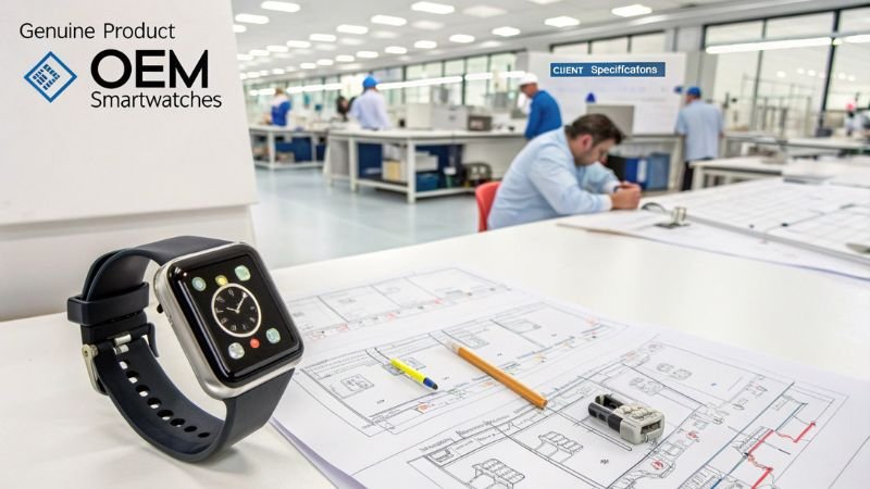 OEM smartwatch with client specifications and design plans in factory