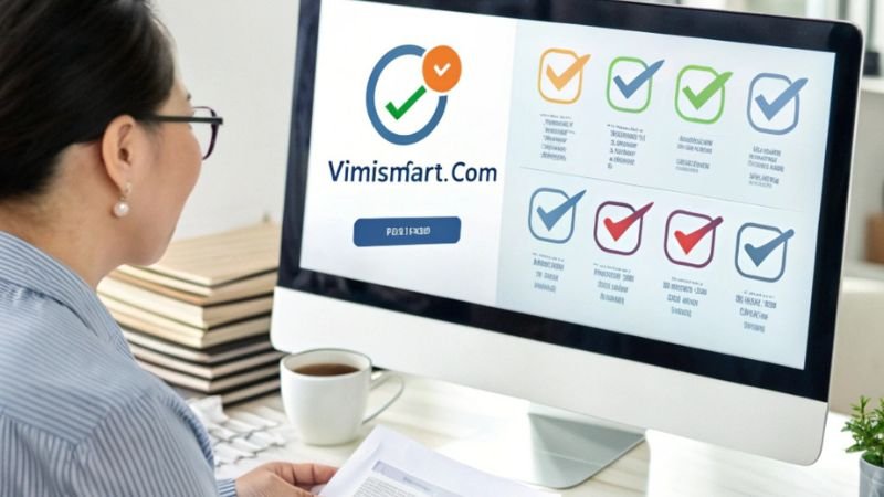 Businesswoman reviewing checklist on computer screen in office