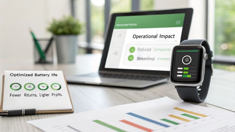 Smartwatch showing optimized battery life metrics, accompanied by charts and operational impact benefits.