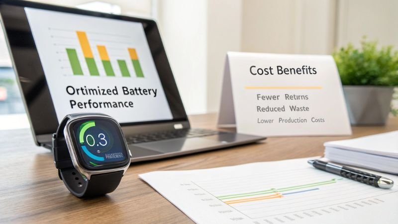 Smartwatch with optimized battery performance displayed alongside cost benefits analysis on a desk setup.
