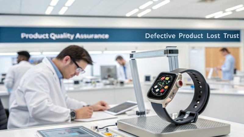 Smartwatch undergoing quality assurance testing in a lab environment, highlighting product defects