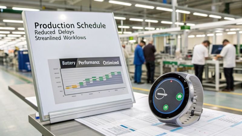 Circular smartwatch placed near a production schedule highlighting optimized battery performance and streamlined workflows.