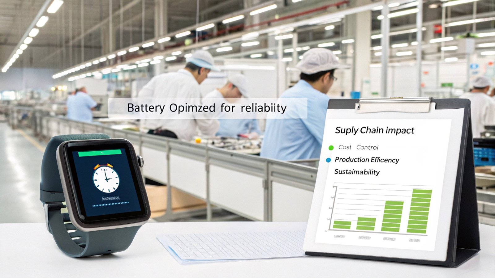 Smartwatch with optimized battery life in a factory setting, highlighting supply chain impact and efficiency.