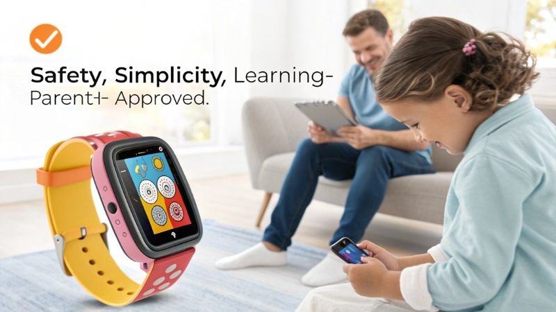 Daughter exploring a smartwatch with her father in the background