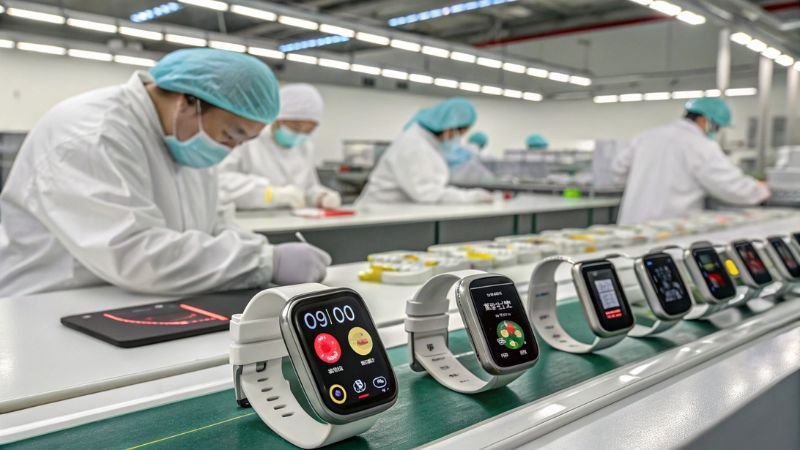 Smartwatches on production line with technicians working in cleanroom
