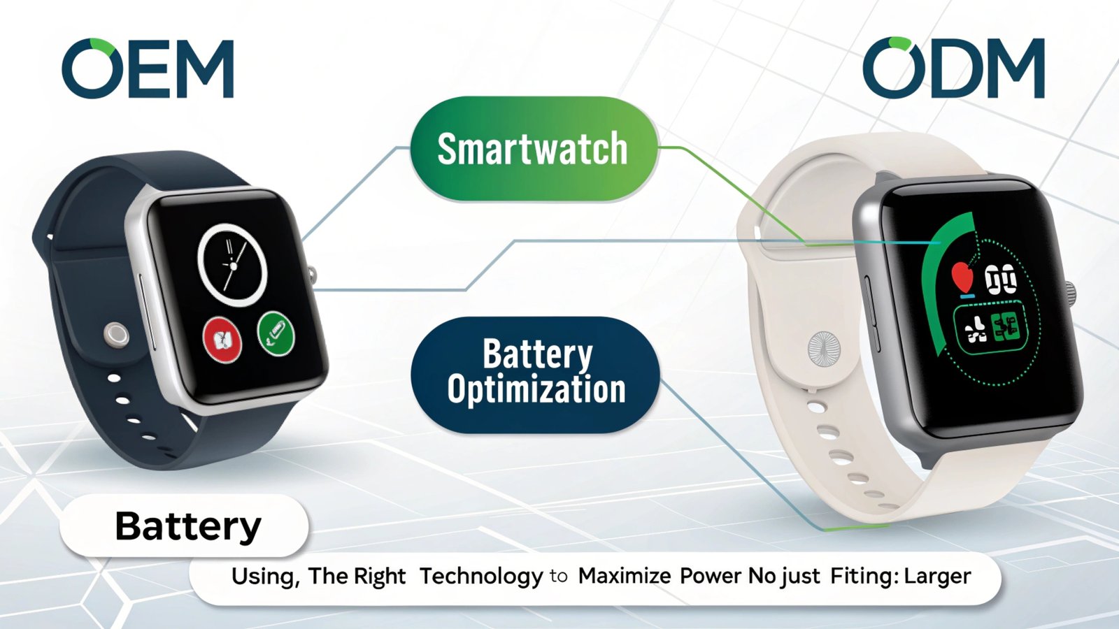 Comparison between OEM and ODM smartwatches highlighting battery optimization technology.