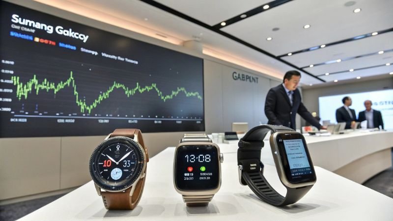 Smartwatches on display with financial graphs in the background