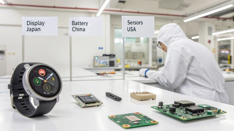 Smartwatch components displayed with technician in cleanroom environment