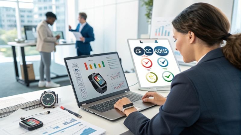 Businesswoman analyzing smartwatch data and certifications in office